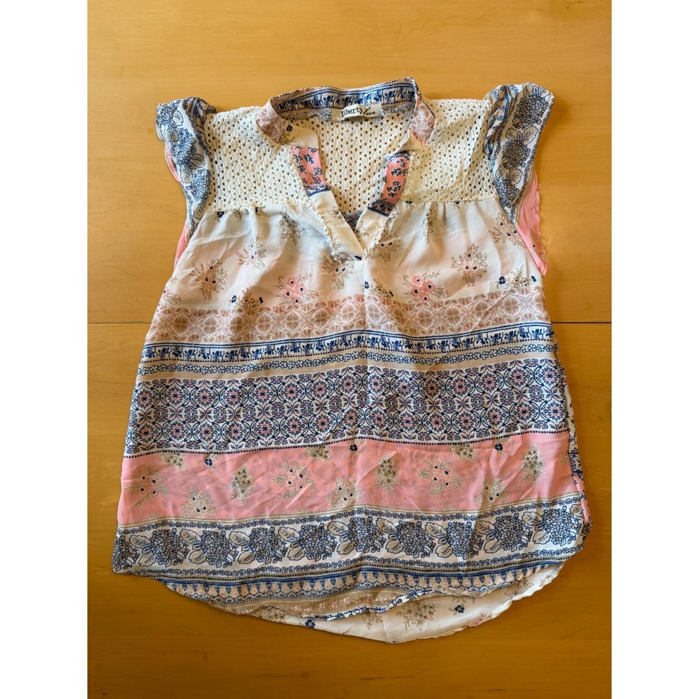 Liberty Love Womens Small Boho Floral Crochet Lace Cap Sleeve Blouse Pink Blue
